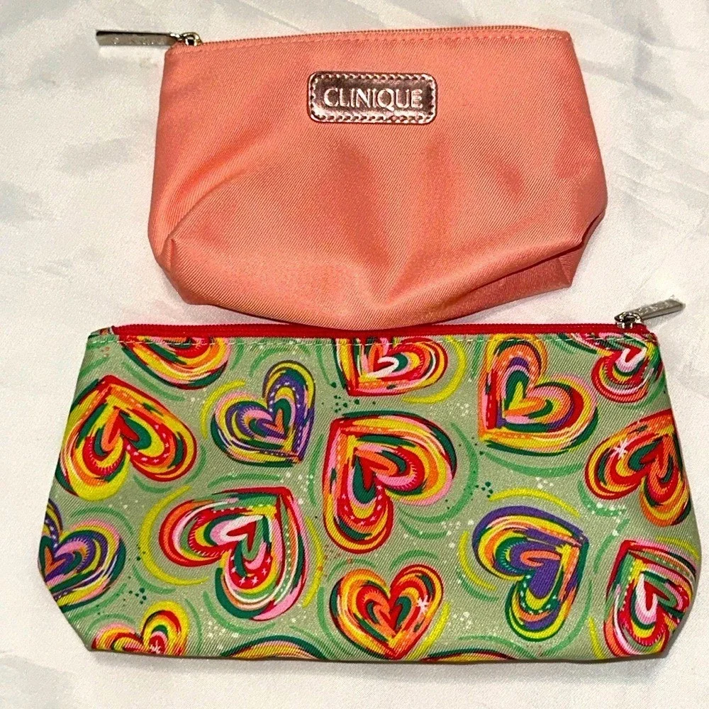 Clinique Makeup Bag Set 2 Piece Peach Pink Solid and Multi Color Heart Pattern